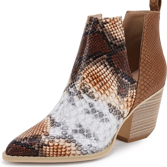 Ankle Bootie Slip on Cutout Pointed Toe Snakeskin Chunky Stacked Vegan - Picture 2 of 7